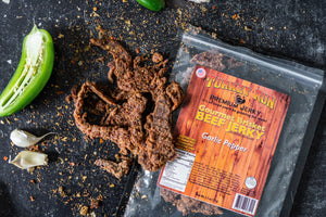 Photo of our bursting Garlic Pepper Brisket Beef Jerky