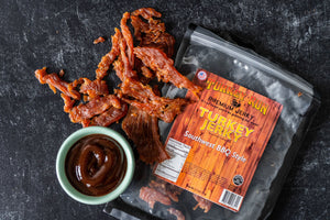 A photo shoing off the delicous flavors of Southwest BBQ Style Terkey Jerky