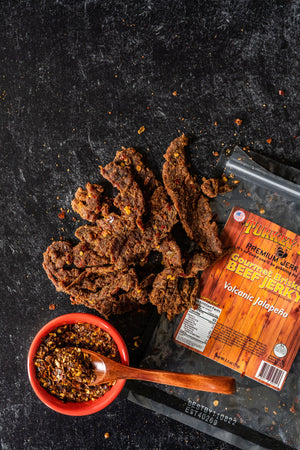 A photo of our bursting flavor of Volcanic Jalapeno flavored Brisket Beef Jerky