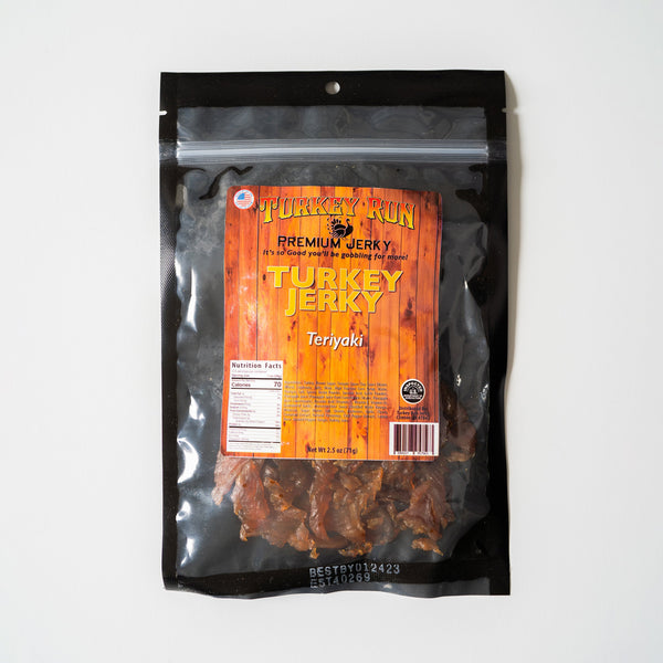 A photo showing the front of the packaging for Teriyaki Turkey Jerky